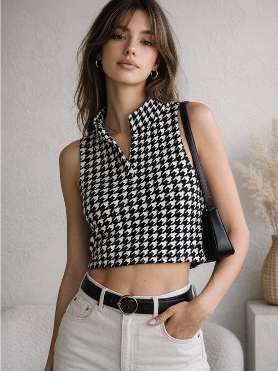 Tops - SO Sleeveless Houndstooth Top Size Large Black White Mock Neck Crop Tank Stretch